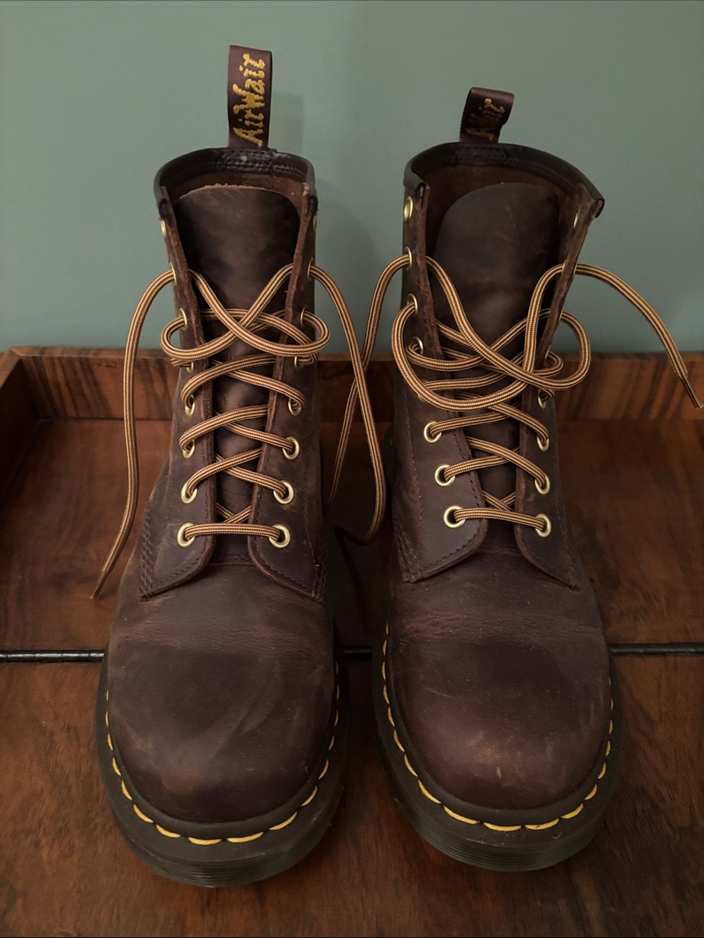 Dr. Martens Brown Leather Lace-Up Work Boots with Yellow Stitching